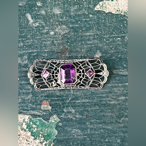Art Deco Sterling Silver And Purple Glass?Stone?Ornate Design Small Dainty Pin - Picture 9 of 15